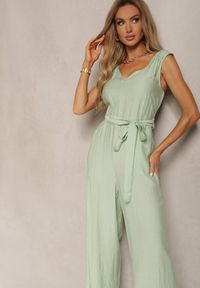 Renee - Jasnozielony Kombinezon z Wiskozy z Szerokimi Nogawkami z Gumką w Pasie i Materiałowym Paskiem Acladia. Kolor: zielony. Materiał: materiał, wiskoza. Styl: wizytowy, elegancki #3