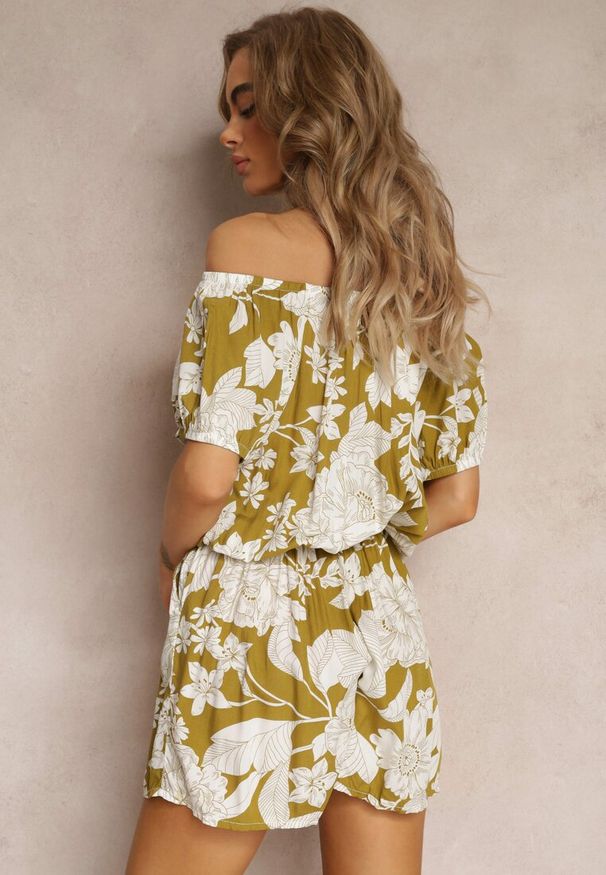 Renee - Zielony Krótki Kombinezon z Wiskozy z Bufiastymi Rękawami Arenai. Kolor: zielony. Materiał: wiskoza. Długość: krótkie. Wzór: kwiaty, aplikacja