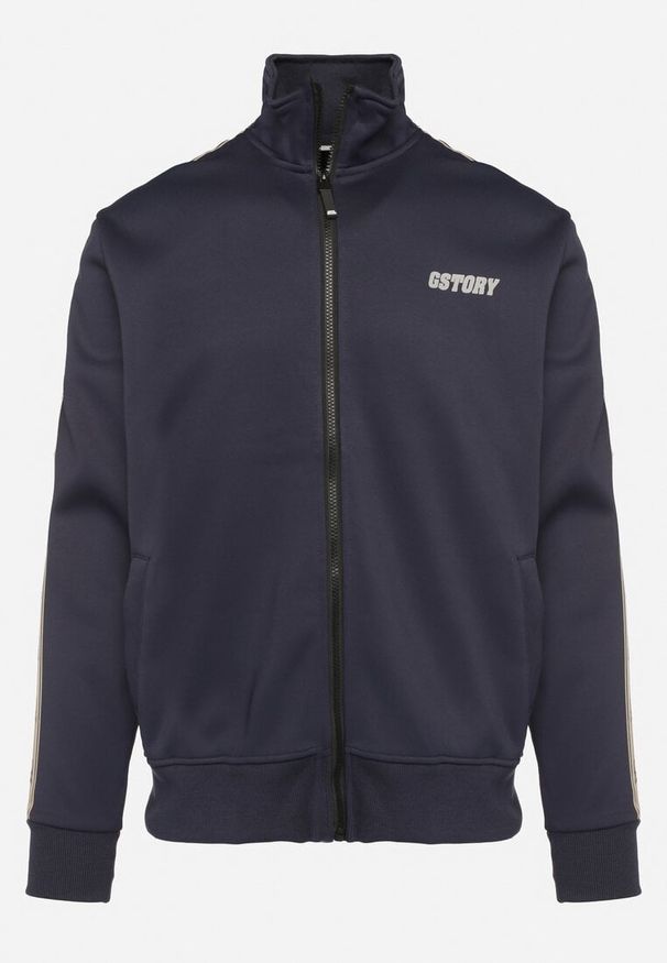 Born2be - Niebieska Bluza z Ozdobnymi Paskami i Napisem Rinathra. Okazja: na co dzień. Kolor: niebieski. Materiał: jeans. Wzór: napisy. Styl: casual, klasyczny