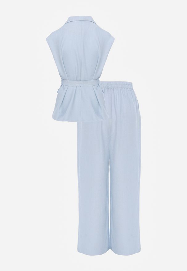 Renee - Niebieski Wiskozowy Komplet Garniturowy Spodnie Wide Leg i Kamizelka z Paskiem Elyenryl. Kolor: niebieski. Materiał: wiskoza
