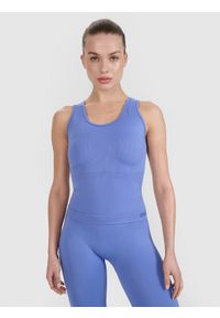 4f - 4F Top treningowy slim bezszwowy damski 4F x Anna Lewandowska - niebieski L/XL. Kolor: niebieski. Materiał: dzianina, włókno, syntetyk, materiał, skóra, tkanina, elastan. Długość rękawa: na ramiączkach. Wzór: gładki, ze splotem. Sport: kolarstwo, fitness, bieganie