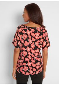 Bluzka shirtowa z rozcięciami po bokach, z przyjaznej dla środowiska wiskozy bonprix czarno-mandarynkowy w kwiaty. Kolor: czarny. Materiał: wiskoza. Wzór: kwiaty #2