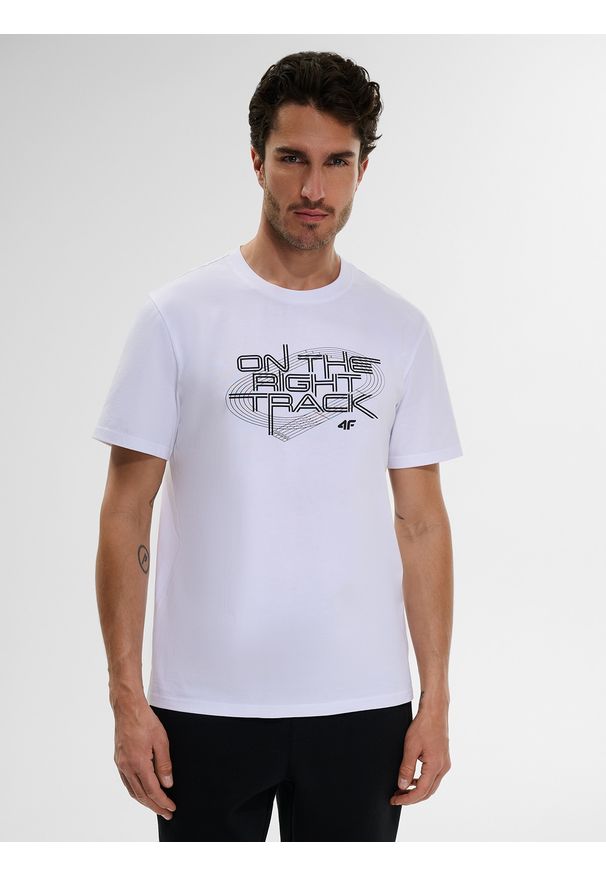 4f - 4F T-shirt regular z nadrukiem męski - biały S. Okazja: na co dzień. Kolor: biały. Materiał: jeans, dresówka, bawełna, dzianina. Wzór: nadruk. Styl: casual, klasyczny