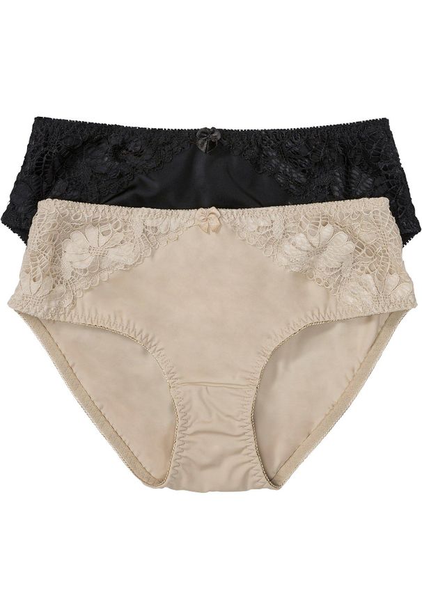 bonprix - Figi maxi z koronką (2 pary). Kolor: beżowy. Materiał: koronka. Wzór: kwiaty, koronka