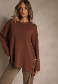 Renee - Brązowy Sweter z Wiskozą i Guzikami po Bokach Violsave. Okazja: na imprezę. Kolor: brązowy. Materiał: wiskoza