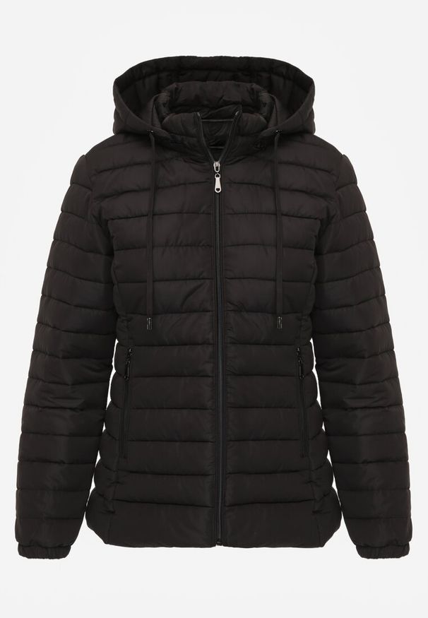 Renee - Czarna Kurtka Ozdobiona Pikowaniem Wykończona Sznurkami i Kapturem Mivissa. Okazja: na spacer, na co dzień. Kolor: czarny. Materiał: jeans. Wzór: aplikacja. Styl: casual, sportowy