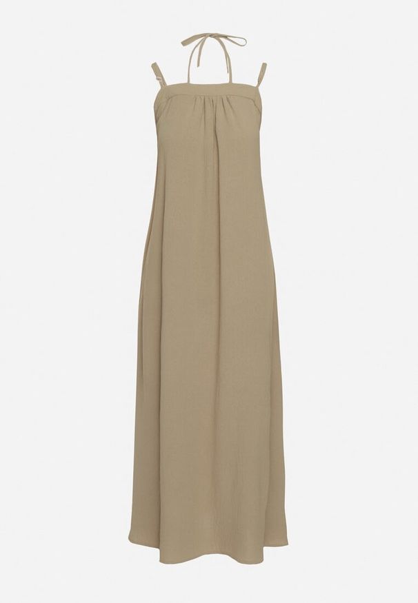 Born2be - Zielona Sukienka na Regulowanych Ramiączkach Wiązana na Szyi Ploeliama. Kolor: zielony. Długość rękawa: na ramiączkach. Styl: elegancki, klasyczny