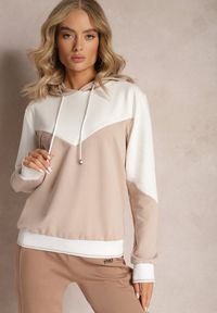 Renee - Beżowa Bawełniana Bluza z Geometrycznym Kolorowym Przeszyciem i Kapturem Vifia. Typ kołnierza: kaptur. Kolor: beżowy. Materiał: bawełna. Wzór: geometria, kolorowy