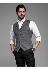 Ombre Clothing - Elegancka kamizelka męska w kratkę z klapami – czarna V3 - Rozmiar: L. Kolor: czarny. Materiał: poliester, materiał. Wzór: kratka. Styl: elegancki