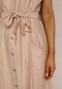 Renee - Beżowa Sukienka Hami. Kolor: beżowy. Materiał: materiał. Długość rękawa: na ramiączkach. Wzór: aplikacja, gładki, jednolity. Styl: elegancki. Długość: midi