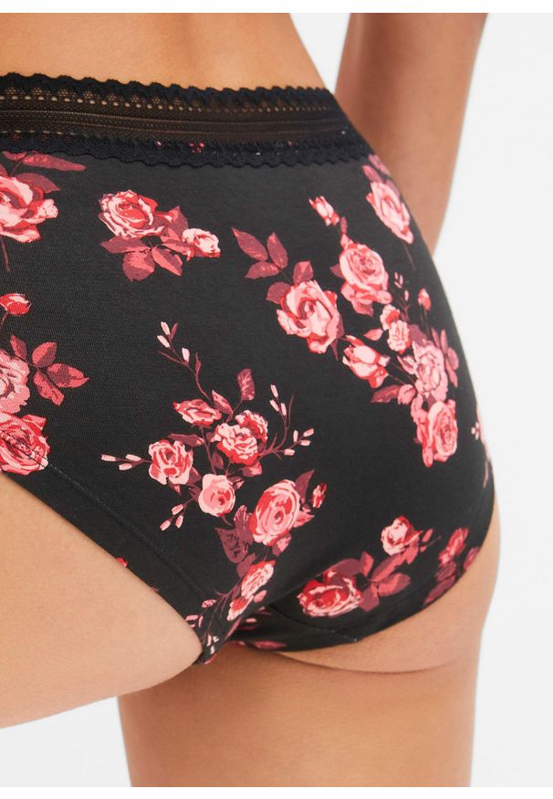 bonprix - Figi maxi panty z bawełny organicznej (4 pary). Kolor: czarny. Materiał: bawełna, koronka. Wzór: koronka
