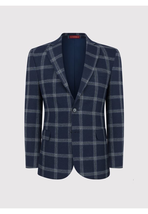 Pako Lorente - PAKO LORENTE – Granatowa marynarka casual w jasną kratkę. Okazja: na co dzień. Kolor: niebieski. Materiał: wełna, poliester, elastan. Wzór: kratka. Styl: casual