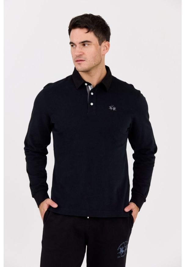 La Martina - LA MARTINA Czarny męski longsleeve polo HEAVY JERSEY, Rozmiar M. Okazja: na co dzień. Typ kołnierza: polo. Kolor: niebieski. Materiał: jersey. Długość rękawa: długi rękaw. Styl: casual