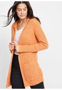 Sweter bez zapięcia z kapturem bonprix miodowy melanż. Typ kołnierza: kaptur. Kolor: pomarańczowy. Długość: długie. Wzór: melanż #6