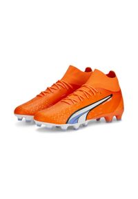 Buty piłkarskie męskie Puma Ultra Pro Fgag. Zapięcie: sznurówki. Kolor: pomarańczowy, biały, wielokolorowy, niebieski. Materiał: materiał, syntetyk. Szerokość cholewki: normalna. Sport: piłka nożna