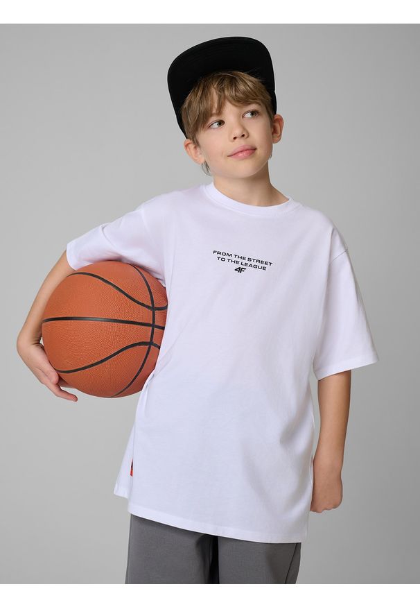 4f - 4F T-shirt loose z nadrukiem chłopięcy - biały 158/164 (12-14 lat). Kolor: biały. Materiał: materiał. Wzór: nadruk. Sezon: lato