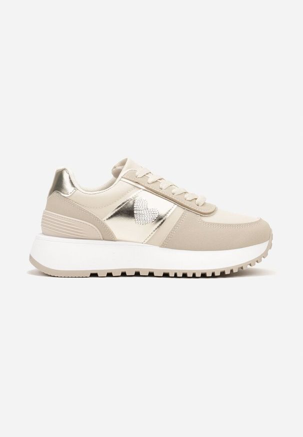 Born2be - Beżowe Sneakersy na Piankowej Platformie z Serduszkiem Timava. Nosek buta: okrągły. Zapięcie: sznurówki. Kolor: beżowy. Obcas: na platformie. Wysokość obcasa: niski