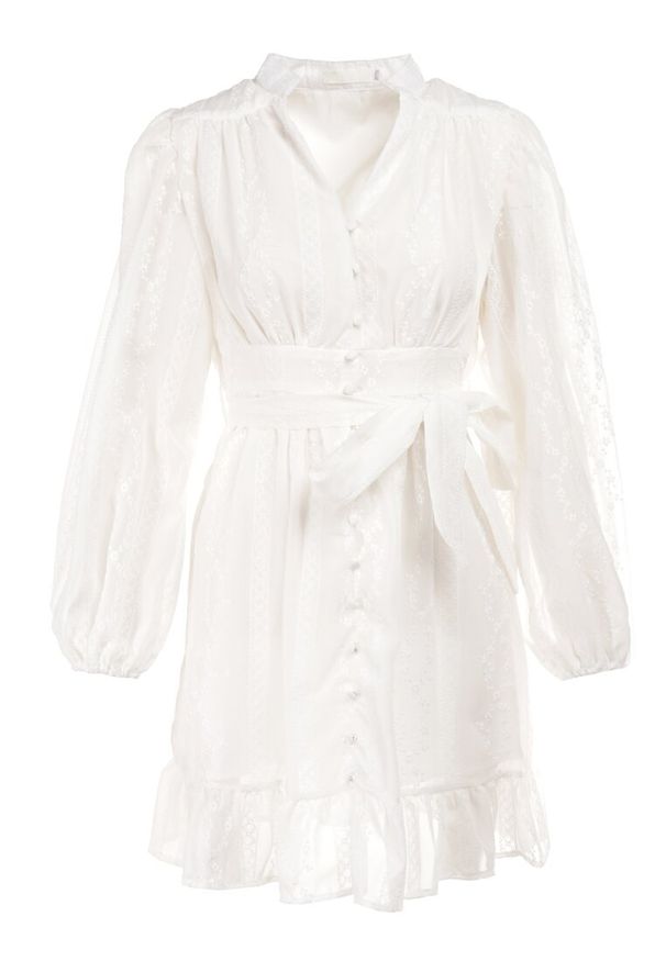 Born2be - Biała Sukienka Chlorehe. Typ kołnierza: kołnierzyk stójkowy. Kolor: biały. Materiał: tkanina. Wzór: kwiaty, haft. Styl: klasyczny. Długość: mini