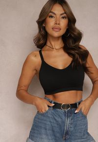 Renee - Czarny Sportowy Biustonosz z Ramiączkami na Krzyż Goolia. Okazja: na co dzień. Kolor: czarny. Materiał: jeans. Długość rękawa: na ramiączkach. Styl: sportowy