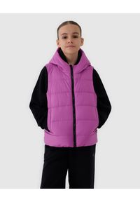4f - 4F Bezrękawnik puchowy z wypełnieniem syntetycznym dziewczęcy - fioletowy 158 (12-13 lat). Okazja: na co dzień. Typ kołnierza: kaptur, kołnierzyk stójkowy. Kolor: fioletowy. Długość: długie. Wzór: gładki. Materiał: syntetyk, puch. Długość rękawa: bez rękawów. Sezon: lato. Styl: klasyczny, casual, sportowy #1