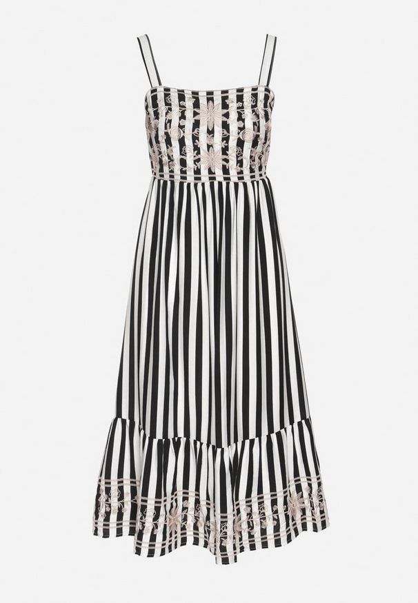 Born2be - Czarno-Biała Sukienka z Bawełny Ozdobiona Haftem Redale. Okazja: na co dzień. Kolor: czarny. Materiał: bawełna. Długość rękawa: na ramiączkach. Wzór: aplikacja, haft. Typ sukienki: proste. Styl: klasyczny, casual, elegancki