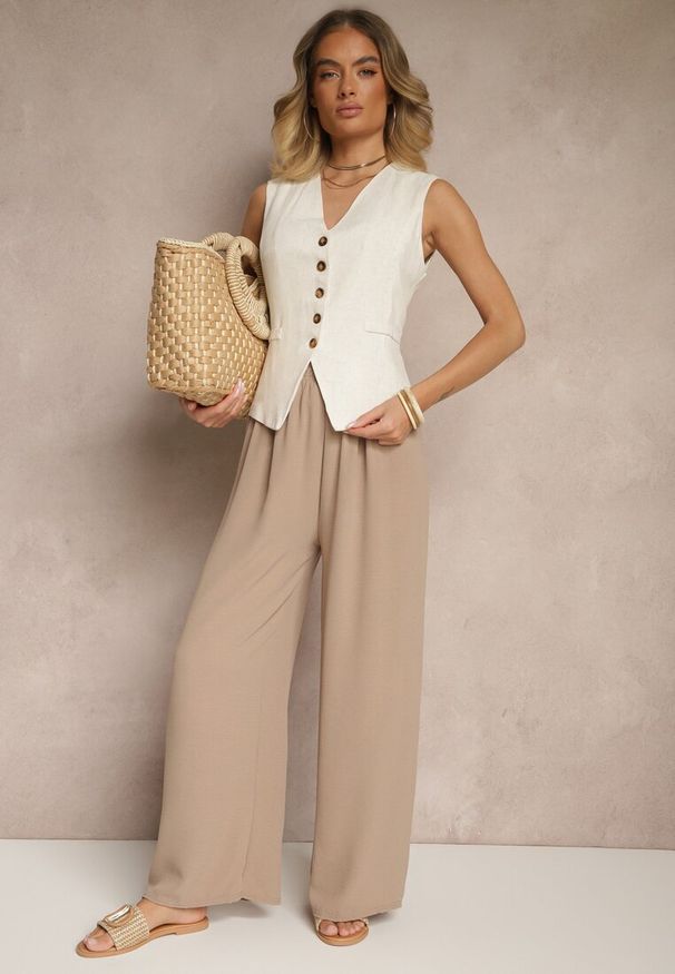 Renee - Ciemnobeżowe Szerokie Spodnie High Waist z Wiązaniem w Talii Reivaritta. Okazja: do pracy, na co dzień, na spotkanie biznesowe. Stan: podwyższony. Kolor: beżowy. Styl: casual, elegancki, biznesowy