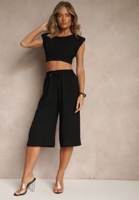 Renee - Czarne Spodnie Kuloty z Bawełną High Waist Azetia. Okazja: na co dzień. Stan: podwyższony. Kolor: czarny. Materiał: bawełna. Sezon: lato, wiosna. Styl: sportowy, elegancki, casual