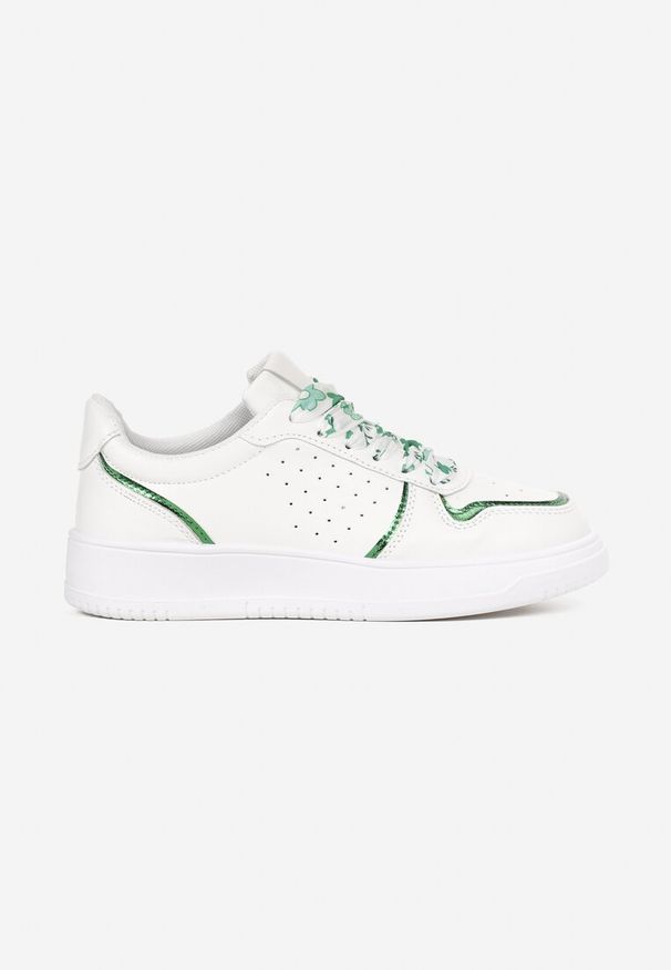 Born2be - Biało-Zielone Sneakersy z Błyszczącymi Wstawkami i Dekoracyjnym Sznurowaniem Horustia. Kolor: biały