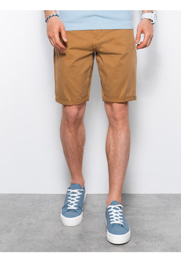Ombre Clothing - Krótkie spodenki męskie casual W303 - camel - XXL. Okazja: na co dzień. Materiał: elastan, tkanina, bawełna. Długość: krótkie. Sezon: lato. Styl: casual