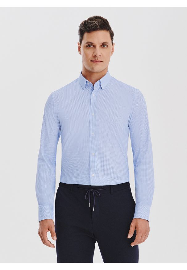 Pako Lorente - PAKO LORENTE – Niebieska dzianinowa koszula w pepitkę. Kolor: niebieski. Materiał: dzianina. Długość rękawa: długi rękaw. Długość: długie