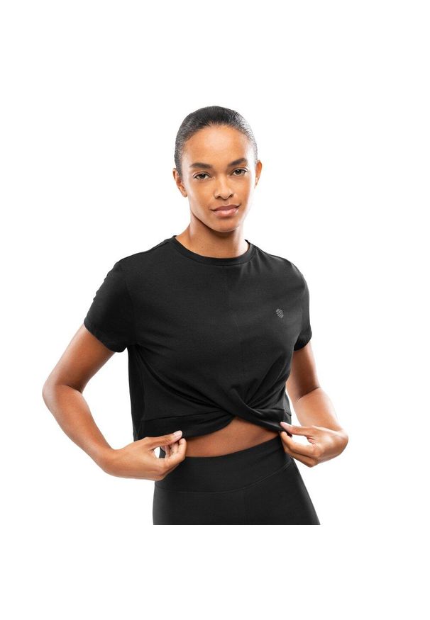 SIROKO - Damska koszulka sportowa z węzłem Fitness Siroko Space Black. Kolor: czarny. Materiał: bawełna, elastan. Sport: fitness