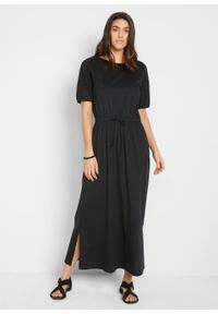Sukienka bawełniana z dżerseju, z tunelem z troczkiem i rozcięciami bonprix czarny. Kolor: czarny. Materiał: bawełna, jersey #2