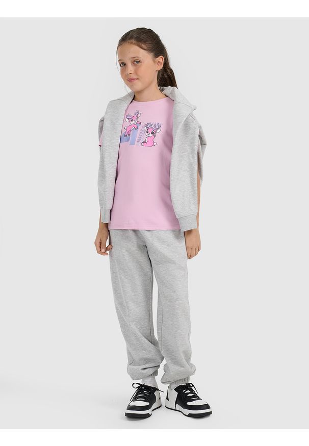 4f - 4F T-shirt regular z nadrukiem świątecznym dziewczęcy - różowy 164 (13-14 lat). Kolor: różowy. Materiał: jeans, materiał, skóra, bawełna. Wzór: nadruk. Sezon: lato. Styl: wizytowy