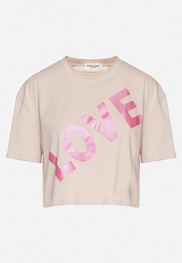 Born2be - Ciemnobeżowy Bawełniany T-shirt Oversize o Krótkim Kroju z Napisem Sannelia. Okazja: na co dzień. Kolor: beżowy. Materiał: bawełna. Długość: krótkie. Wzór: napisy. Styl: casual