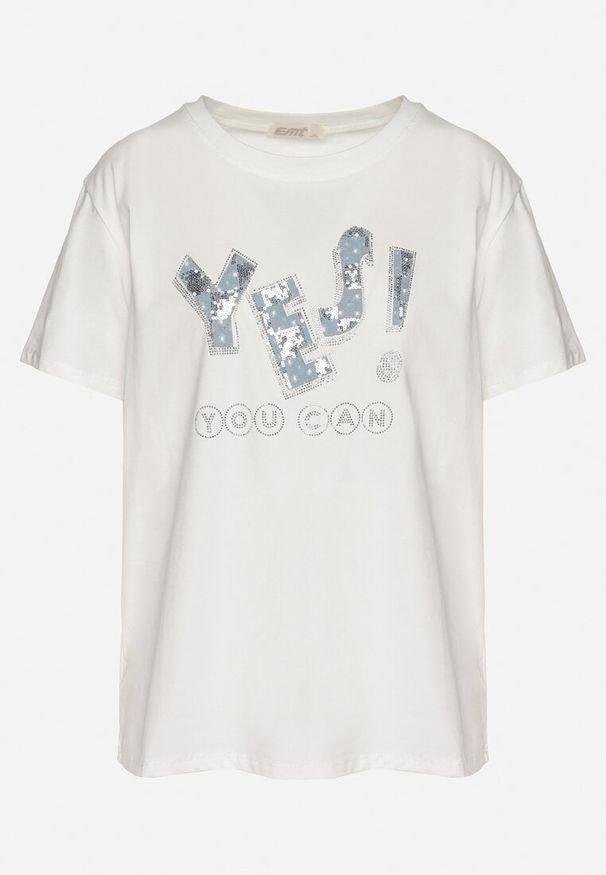 Born2be - Biały T-shirt z Bawełny Ozdobiony Cekinami i Cyrkoniami Camiren. Okazja: na co dzień. Kolor: biały. Materiał: bawełna. Wzór: aplikacja. Styl: casual, elegancki