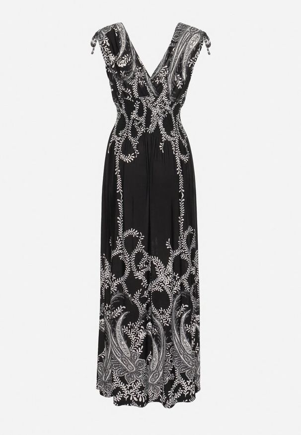 Born2be - Czarna Sukienka z Ornamentalnym Wzorem Gumką w Talii i Sznurkami na Ramionach Avemina. Kolor: czarny. Styl: klasyczny, elegancki