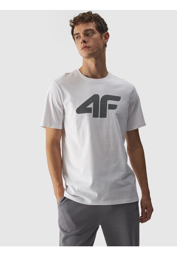 4f - 4F T-shirt regular z nadrukiem męski - biały S. Okazja: na co dzień. Kolor: biały. Materiał: dzianina, bawełna, jersey. Długość rękawa: krótki rękaw. Długość: krótkie. Wzór: nadruk. Styl: klasyczny, sportowy, casual