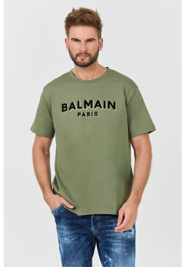 Balmain - BALMAIN Zielony męski t-shirt Flock&foil T-shirt Bulky Fit, Rozmiar M. Kolor: zielony