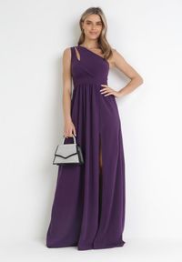 Born2be - Ciemnofioletowa Sukienka Maxi Na Jedno Ramię z Rozcięciem na Dole Jasminta. Okazja: na wesele, na ślub cywilny, na imprezę. Kolekcja: dla wysokich. Kolor: fioletowy. Długość rękawa: bez rękawów. Wzór: aplikacja. Typ sukienki: asymetryczne. Styl: elegancki. Długość: maxi #4
