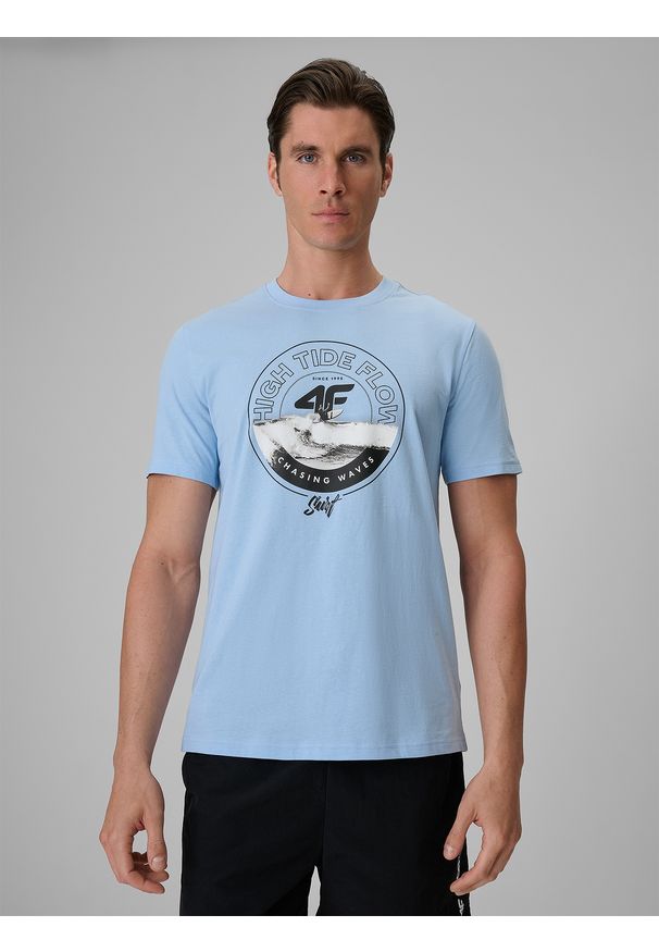 4f - 4F T-shirt regular z nadrukiem męski - niebieski S. Okazja: na co dzień. Kolor: niebieski. Materiał: bawełna, dzianina. Wzór: nadruk. Styl: casual, klasyczny, sportowy