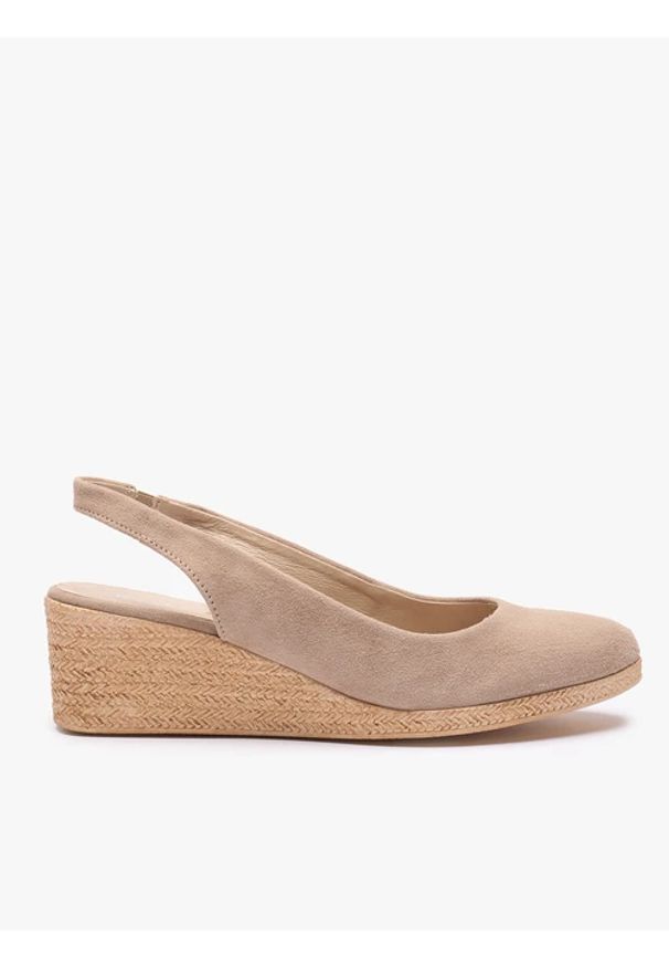 Ryłko - Beżowe espadryle na koturnie. Nosek buta: okrągły. Kolor: beżowy. Materiał: welur, skóra. Szerokość cholewki: normalna. Sezon: wiosna, lato. Obcas: na koturnie. Styl: street