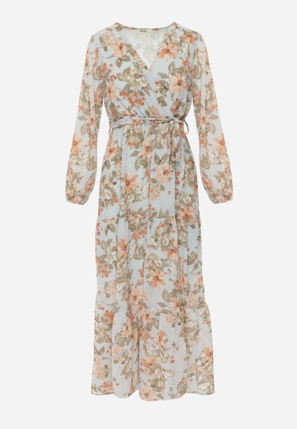 Born2be - Miętowa Rozkloszowana Sukienka w Kwiaty Maxi z Gumką i Wiązaniem w Pasie Manirisa. Kolor: miętowy. Materiał: materiał. Długość rękawa: długi rękaw. Wzór: kwiaty. Typ sukienki: kopertowe. Długość: maxi