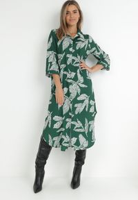 Born2be - Zielona Sukienka Koszulowa w Kwiaty Rahila. Kolor: zielony. Materiał: tkanina. Wzór: kwiaty. Typ sukienki: koszulowe. Długość: midi #6