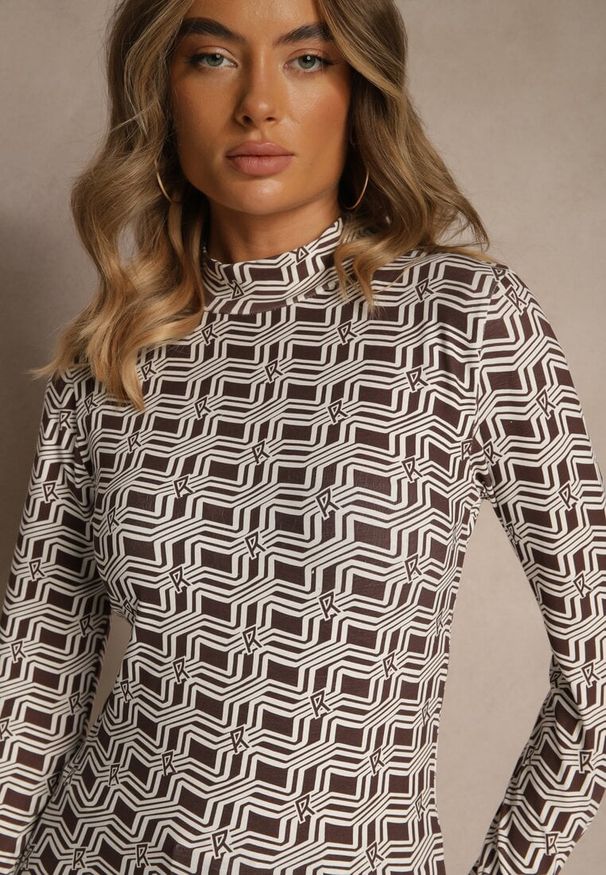 Renee - Biało-Brązowa Bluzka Longsleeve z Golfem z Bawełny w Geometryczny Print Zadanevia. Okazja: na co dzień, na spacer. Typ kołnierza: golf. Kolor: biały. Materiał: bawełna. Długość rękawa: długi rękaw. Wzór: geometria, nadruk. Styl: casual, elegancki