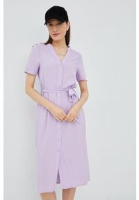 Vero Moda sukienka kolor fioletowy midi prosta. Okazja: na co dzień. Kolor: fioletowy. Materiał: tkanina, materiał, wiskoza. Długość rękawa: krótki rękaw. Typ sukienki: proste. Styl: casual. Długość: midi #3