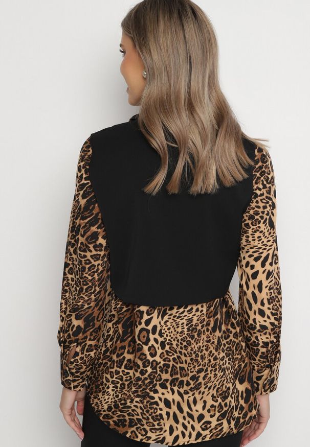 Born2be - Brązowa Koszula w Panterkę z Kamizelką na Guziki Arelonia. Okazja: na co dzień. Kolor: brązowy. Materiał: jeans. Wzór: motyw zwierzęcy. Styl: elegancki, casual