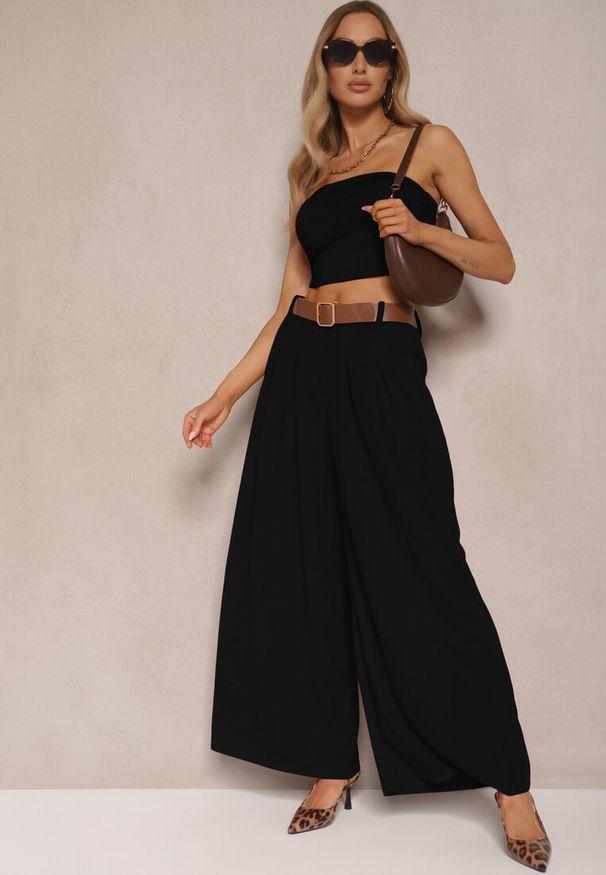 Renee - Czarne Spodnie o Szerokim Kroju High Waist Ozdobione Paskiem Rasalle. Okazja: na co dzień. Stan: podwyższony. Kolor: czarny. Wzór: aplikacja. Styl: casual, elegancki