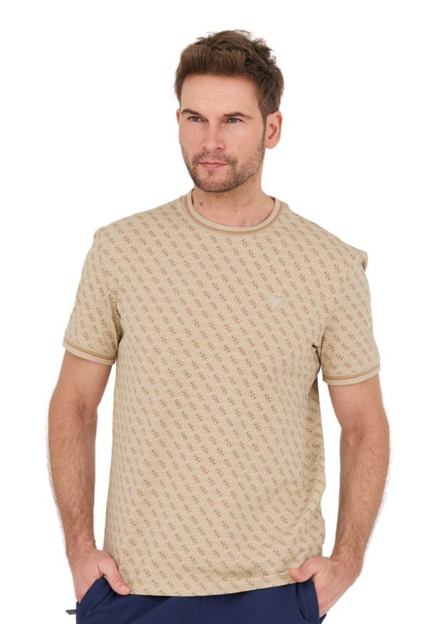 Guess - GUESS Beżowy męski t-shirt Marshall, Rozmiar XXL. Kolor: beżowy