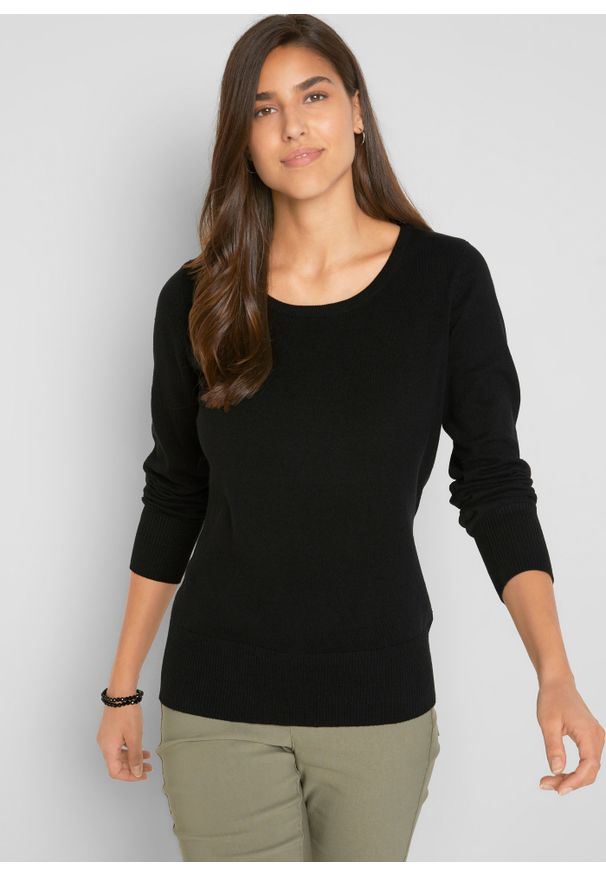 bonprix - Sweter basic z bawełny z recyklingu. Okazja: na co dzień. Kolor: czarny. Materiał: bawełna. Wzór: gładki, prążki, ze splotem. Styl: casual