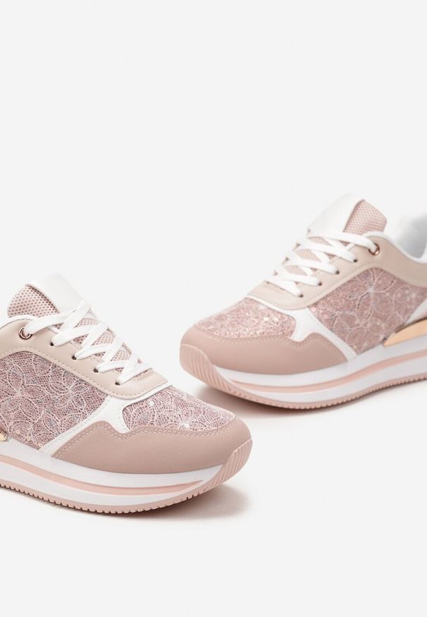 Renee - Różowe Sneakersy na Grubej Podeszwie z Brokatem i Metaliczną Wstawką Velari. Kolor: różowy. Szerokość cholewki: normalna